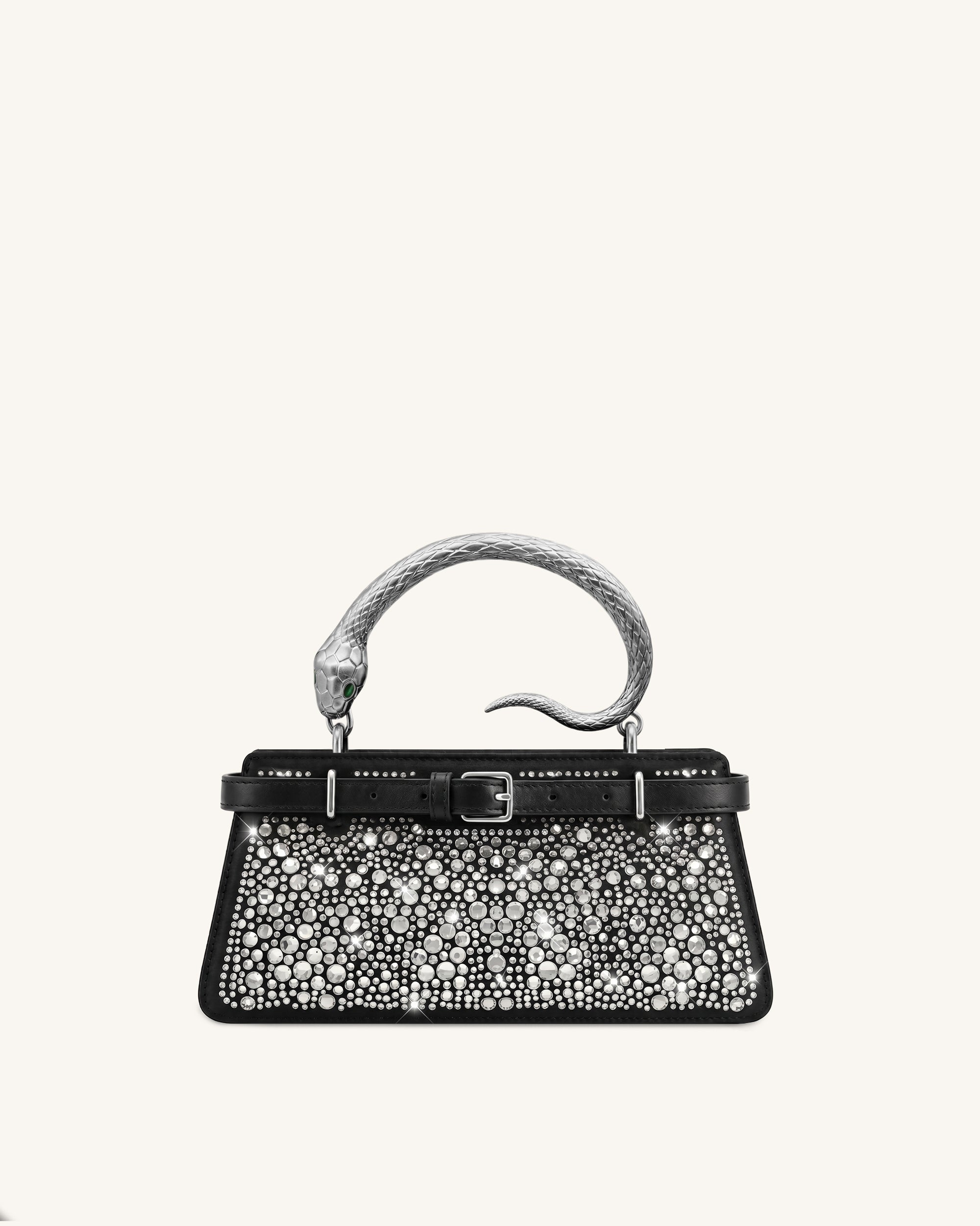 Elena Snake Handle Artificial Crystal Top Handle Bag - Black