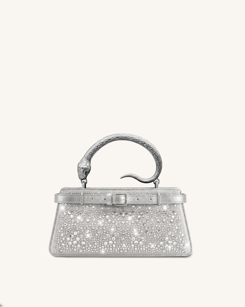 Elena Snake Handle Artificial Crystal Top Handle Bag - Silver