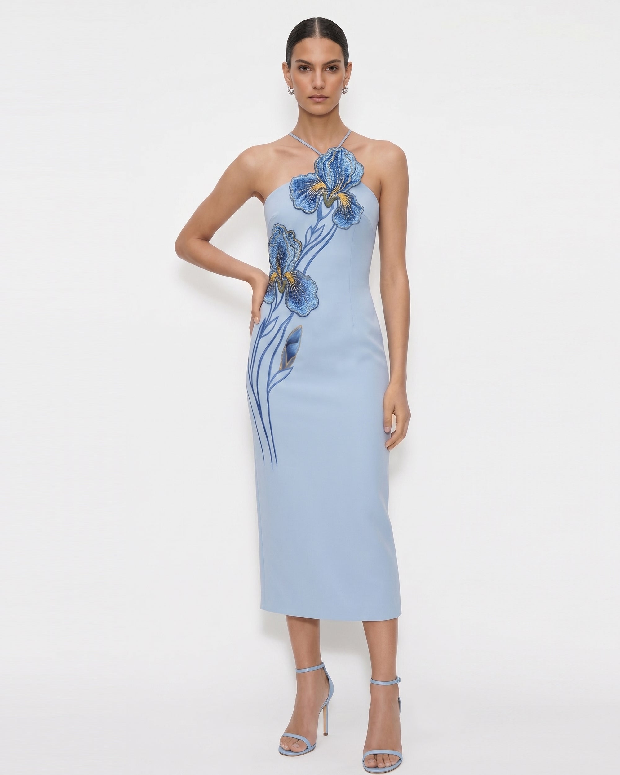 Iris Embroidered Halter Midi Dress - Light Blue