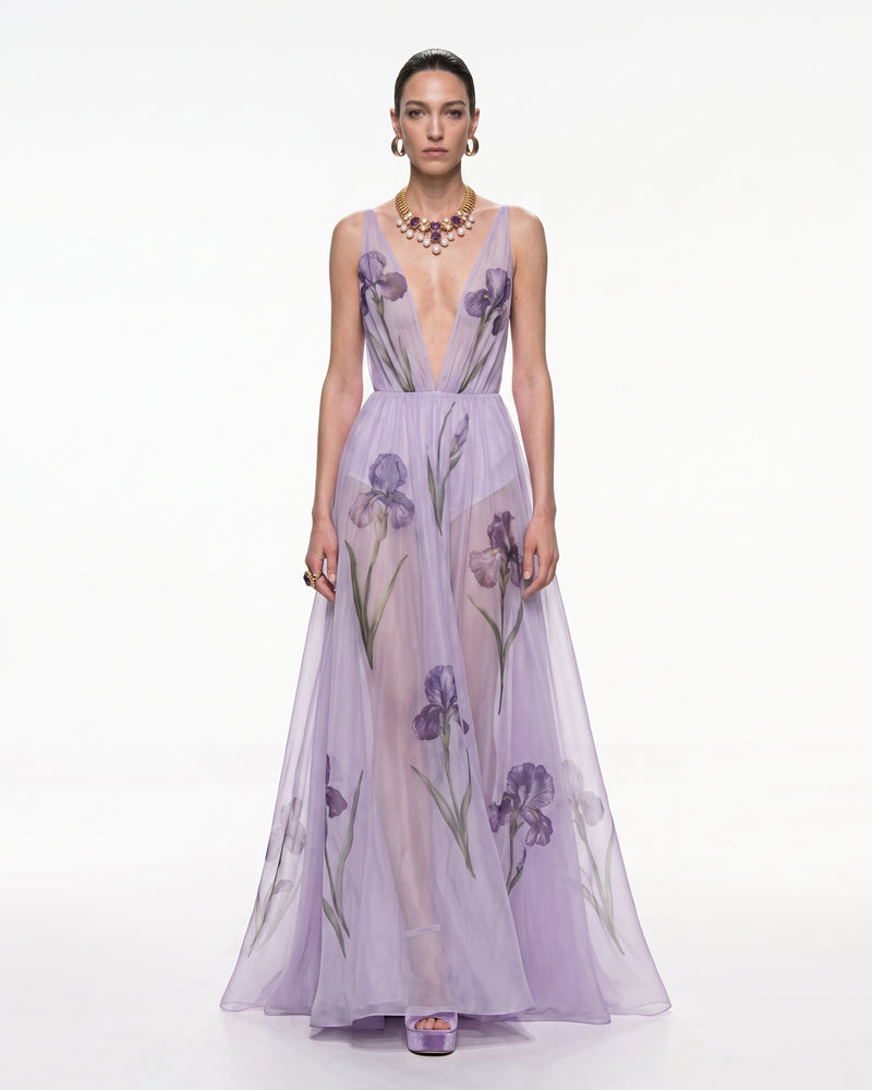 Sheer Floral Print Maxi Dress - Lavender