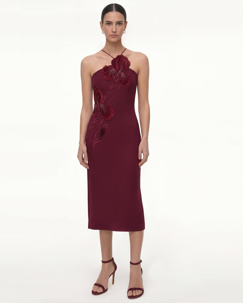 Floral Appliqué Halter Dress - Burgundy