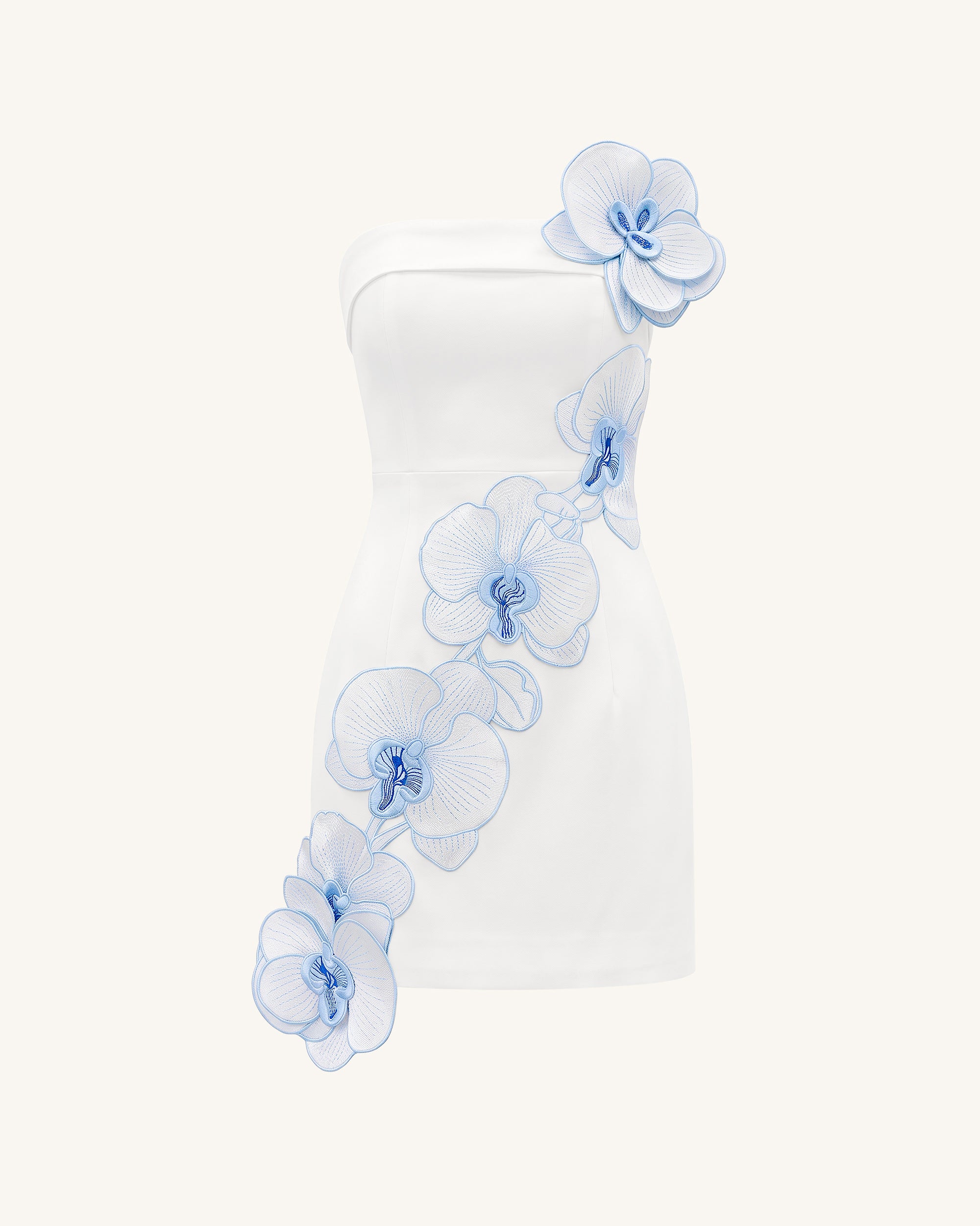 Orchid Embroidered Floral Appliqué Strapless Mini Dress - White Blue