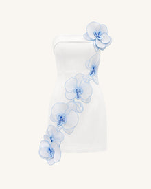 Orchid Embroidered Floral Appliqué Strapless Mini Dress - White Blue