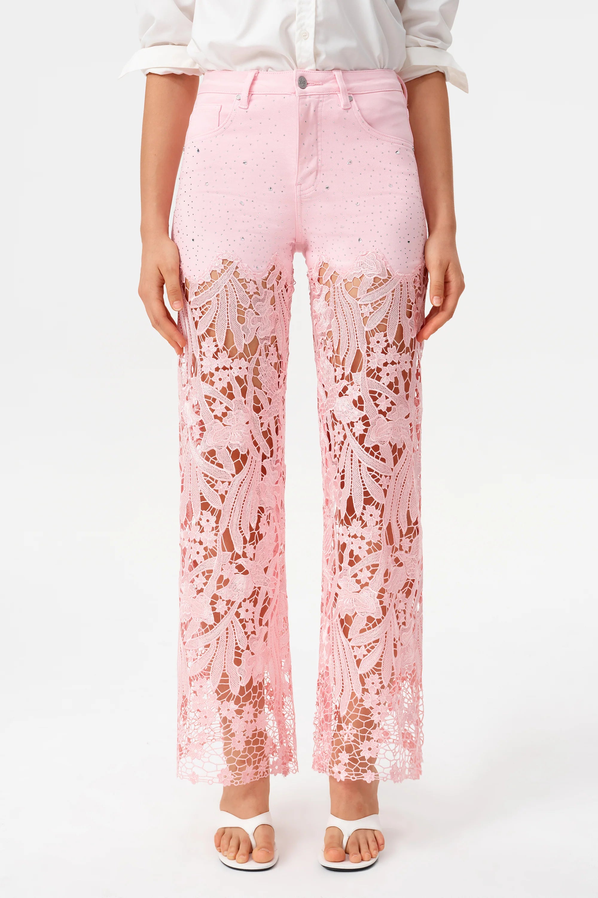 High-Rise Rhinestone Lace Wide-Leg Jeans - Pink
