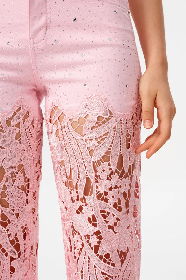High-Rise Rhinestone Lace Wide-Leg Jeans - Pink