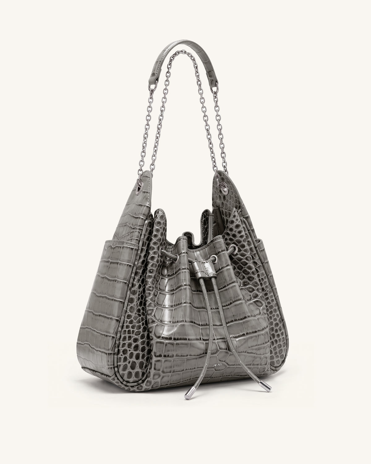 Rowan Ruched Drawstring Chain Bucket Bag - Grey Croc