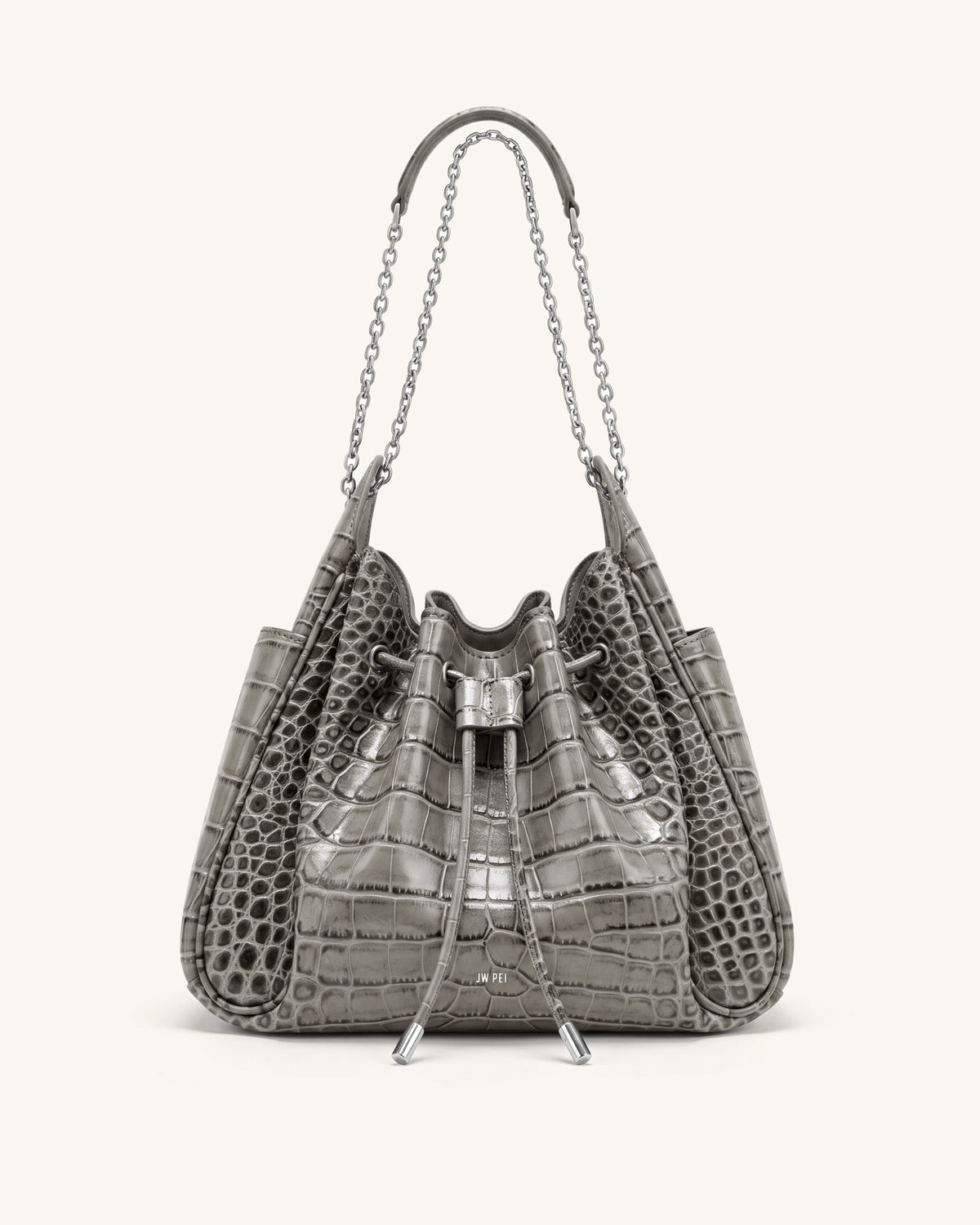 Rowan Ruched Drawstring Chain Bucket Bag - Grey Croc