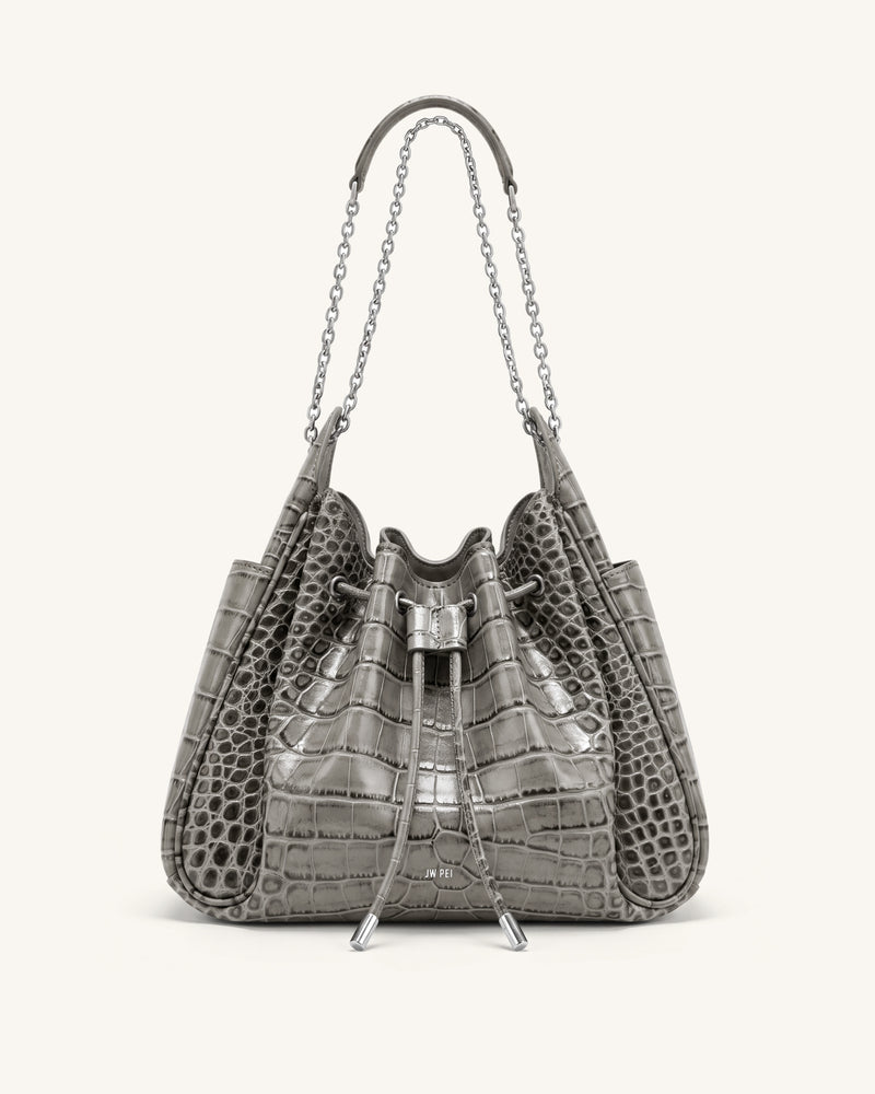 Rowan Ruched Drawstring Chain Bucket Bag - Grey Croc