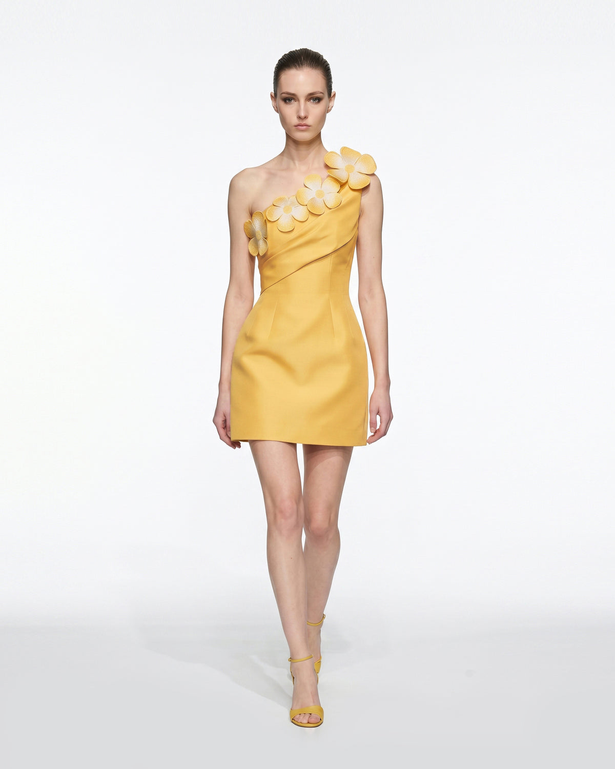 Floral Appliqué One Shoulder Mini Dress - Yellow