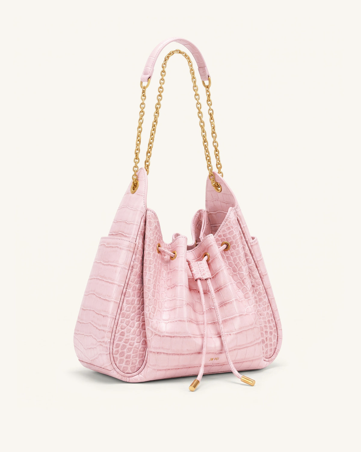 Rowan Ruched Drawstring Chain Bucket Bag - Pink Croc