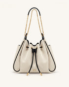 Rowan Ruched Drawstring Chain Bucket Bag - Black Canvas