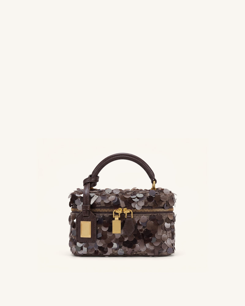 Cleo Metallic Sequin Box Shape Top Handle Bag - Brown