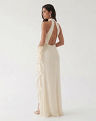 Halter Ruffle Rosette Slit Maxi Dress - Ivory