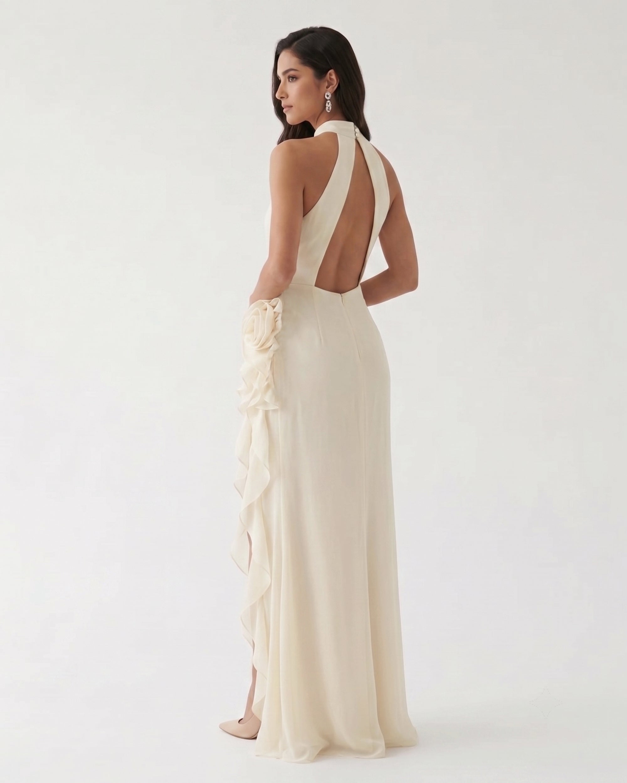 Halter Ruffle Rosette Slit Maxi Dress - Ivory