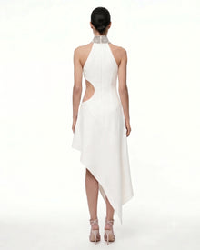 Jeweled Floral Cutout High Neck Dress - White