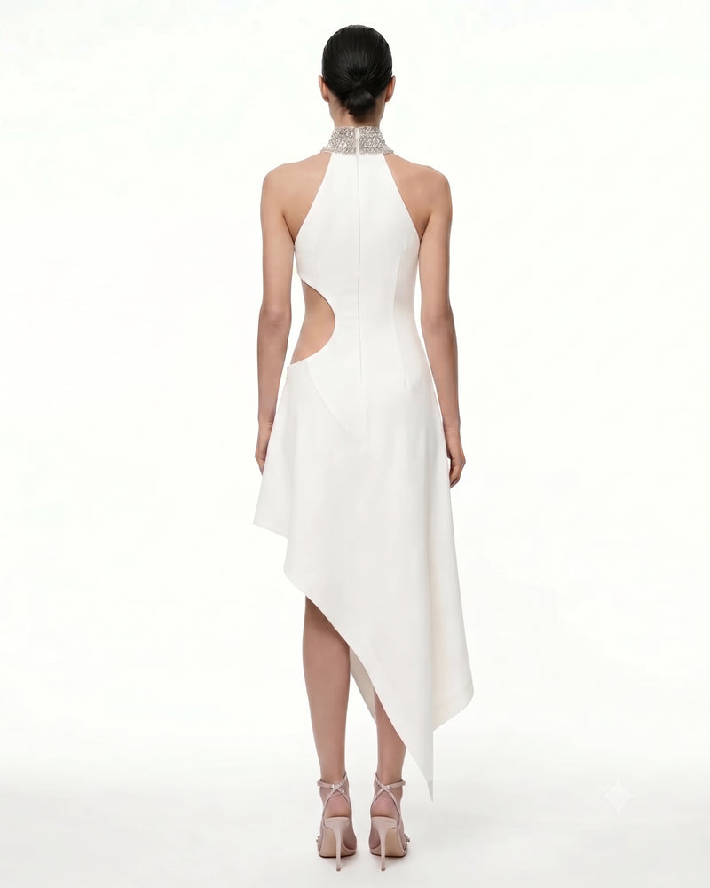 Jeweled Floral Cutout High Neck Dress - White