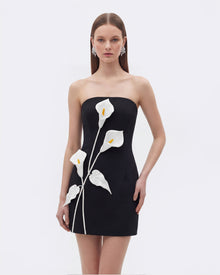 Strapless Floral Appliqué Dress - Black