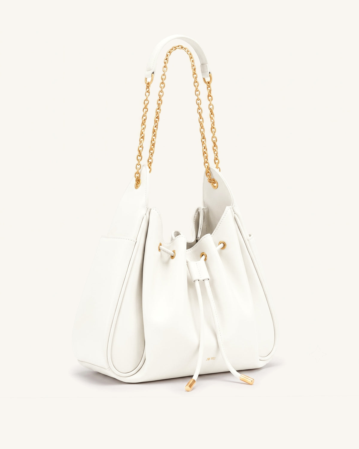 Rowan Ruched Drawstring Chain Bucket Bag - Ivory