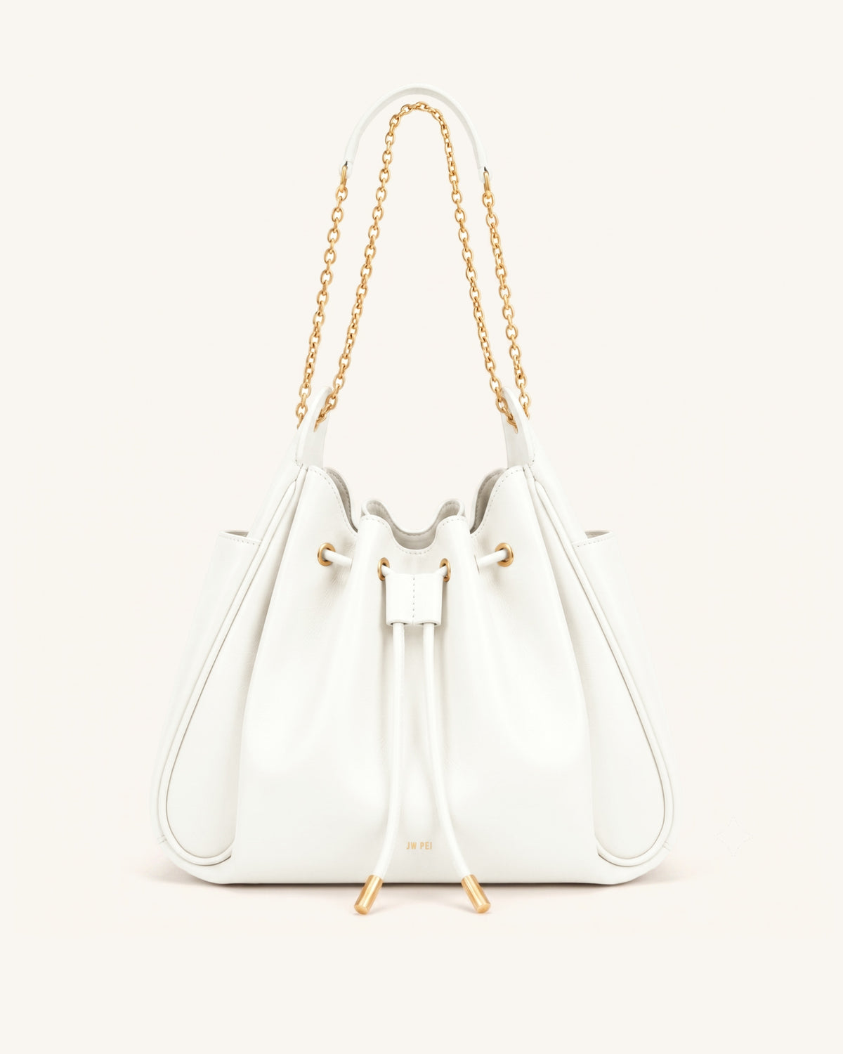 Rowan Ruched Drawstring Chain Bucket Bag - Ivory