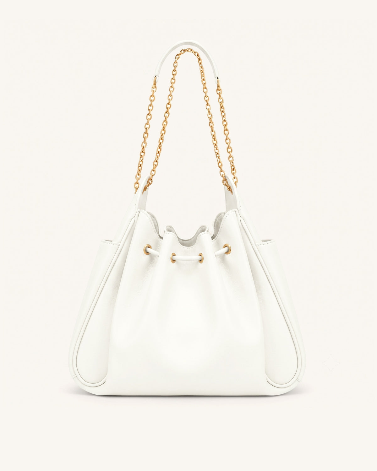 Rowan Ruched Drawstring Chain Bucket Bag - Ivory