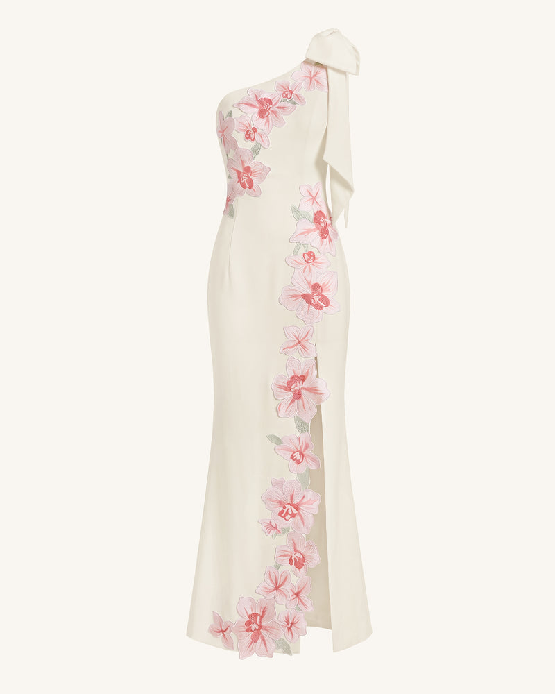 Flower Embroidered One-Shoulder Maxi Dress - Ivory