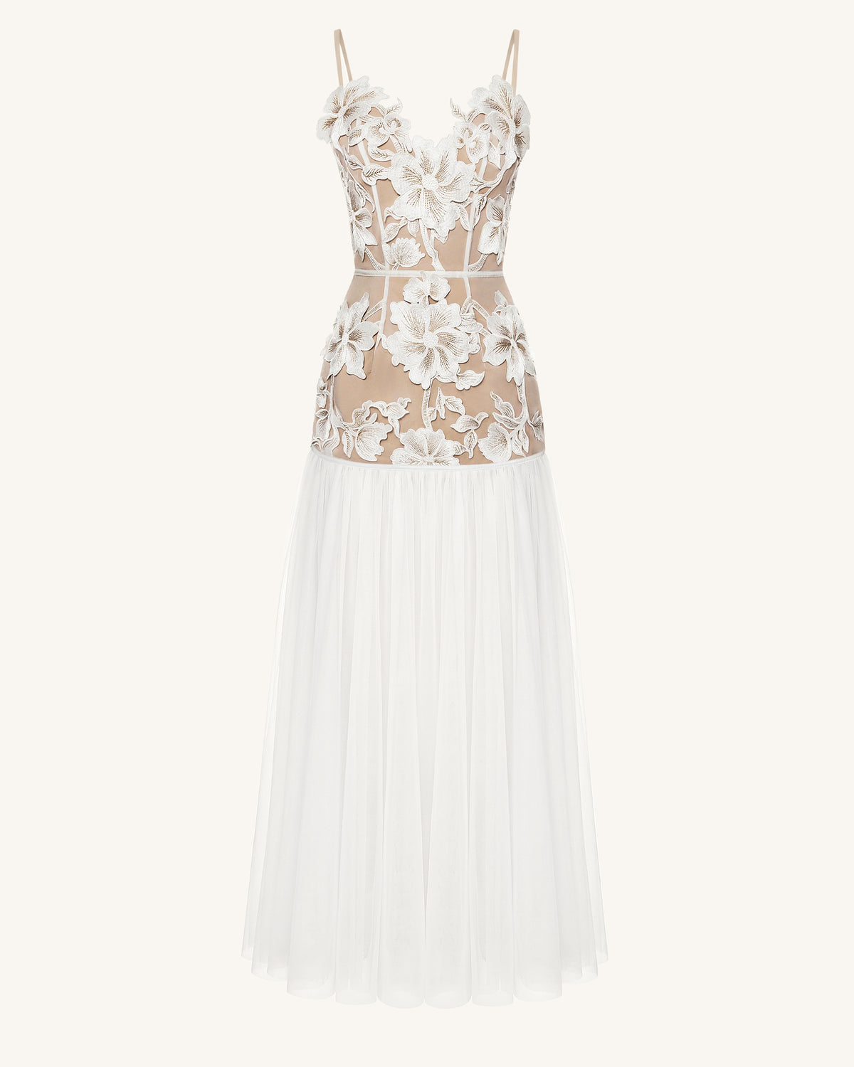 Floral Appliqué Sheer Tulle Maxi Dress - White