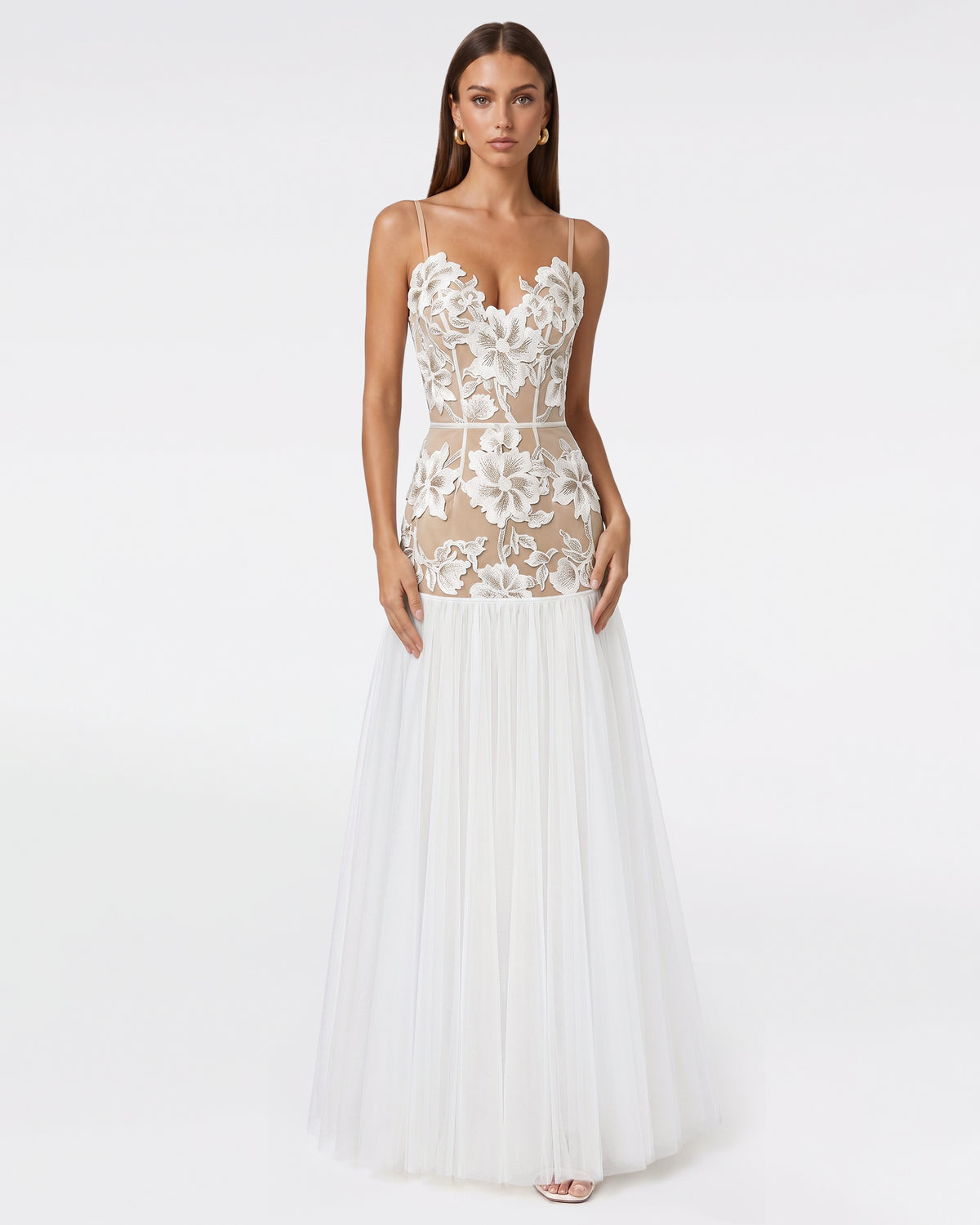 Floral Appliqué Sheer Tulle Maxi Dress - White