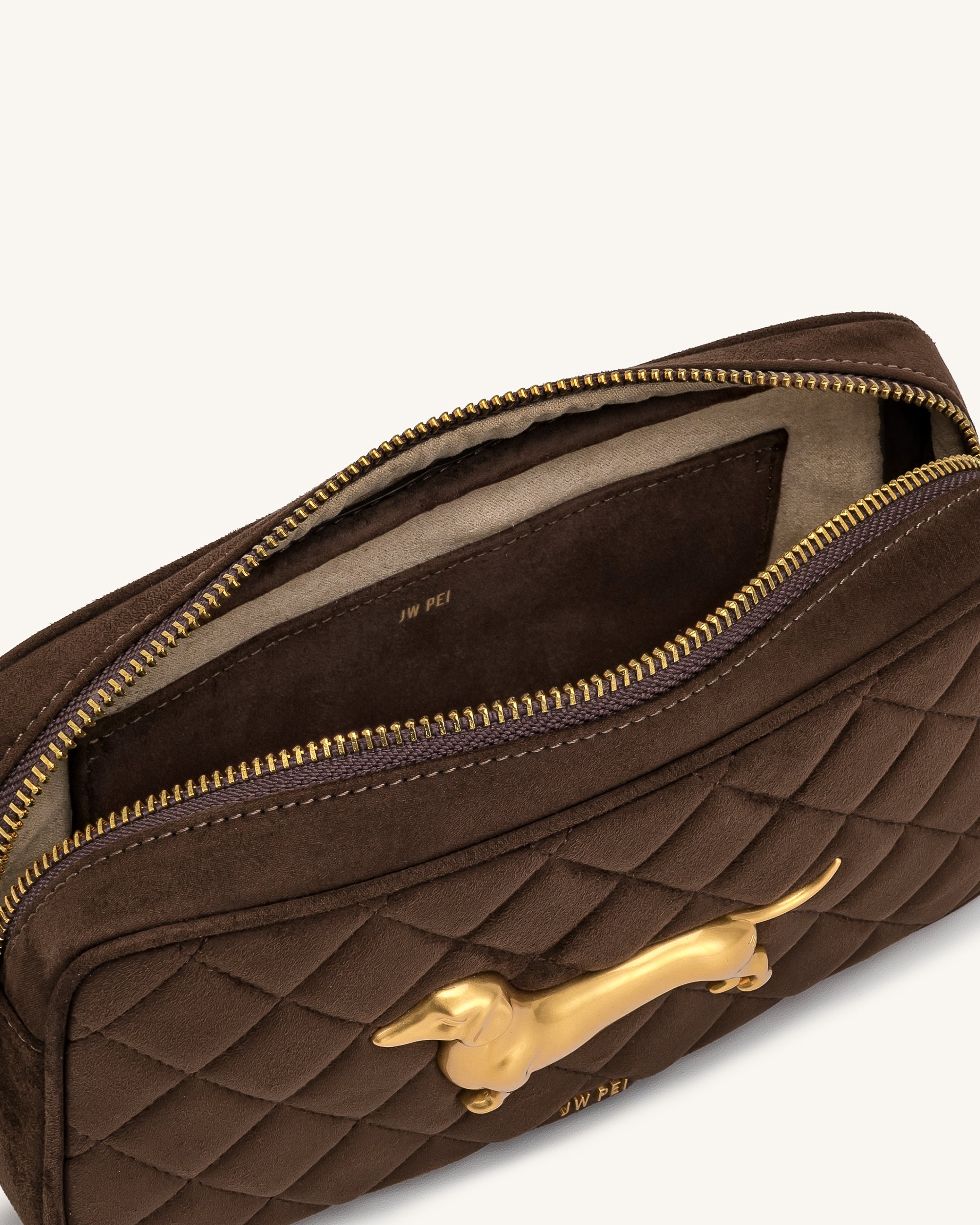 Riley Faux Suede Dachshund Quilted Shoulder Bag - Dark Brown