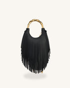 Chlorie Metal Handle Fringe Top Handbag - Black