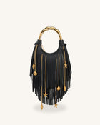 Chlorie Metal Handle Fringe Top Handbag - Black