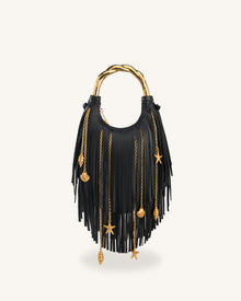 Chlorie Metal Handle Fringe Top Handbag - Black