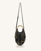 Chlorie Metal Handle Fringe Top Handbag - Black