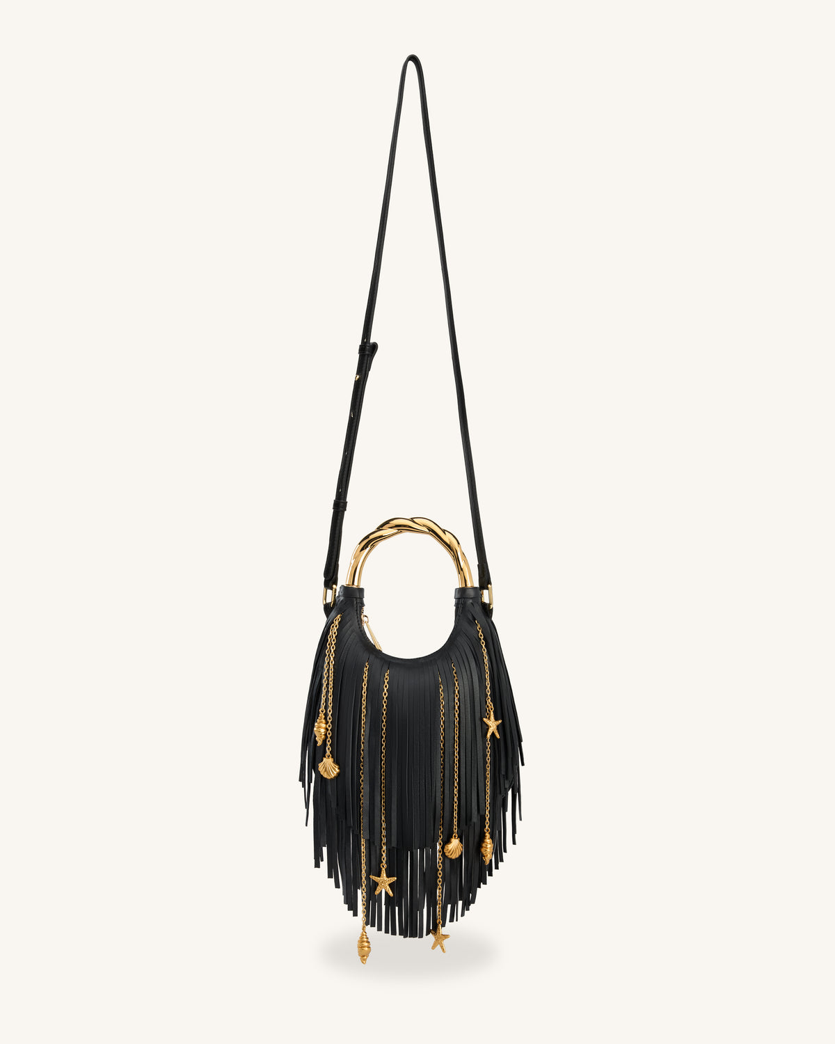 Chlorie Metal Handle Fringe Top Handbag - Black