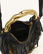 Chlorie Metal Handle Fringe Top Handbag - Black