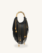 Chlorie Metal Handle Fringe Top Handbag - Black