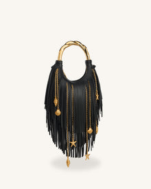 Chlorie Metal Handle Fringe Top Handbag - Black