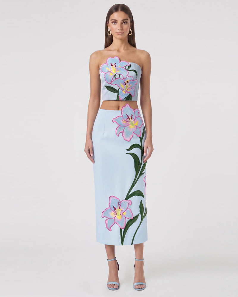 Lily Floral Embroidered High Waist Pencil Midi Skirt - Light Blue