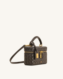 Cleo Woven Texture Box Shape Top Handle Bag - Dark Brown