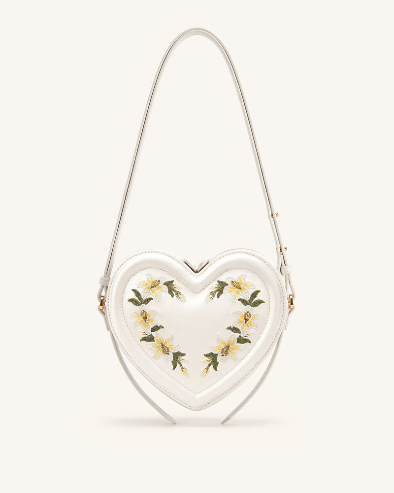 Arlene Embroidered Heart Shape Crossbody Bag - Milky White