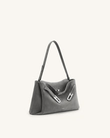 Rhea Faux Suede Double Buckle Shoulder Bag - Grey