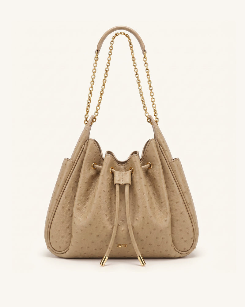 Rowan Faux Ostrich Grain Ruched Drawstring Chain Bucket Bag - Oak Brown