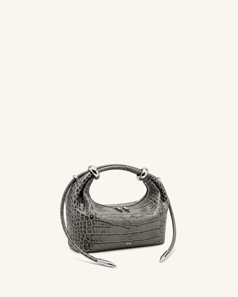 Ellie Metal Ring Embellished Top Handle Bag - Medium Gray Croc