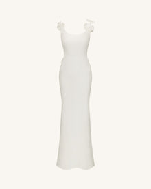 3D Floral Appliqué Satin Dress - White