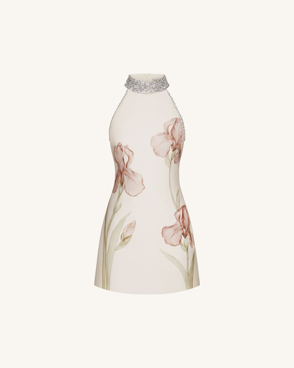 Jeweled Halter Iris Motif Dress - Ivory/Pink