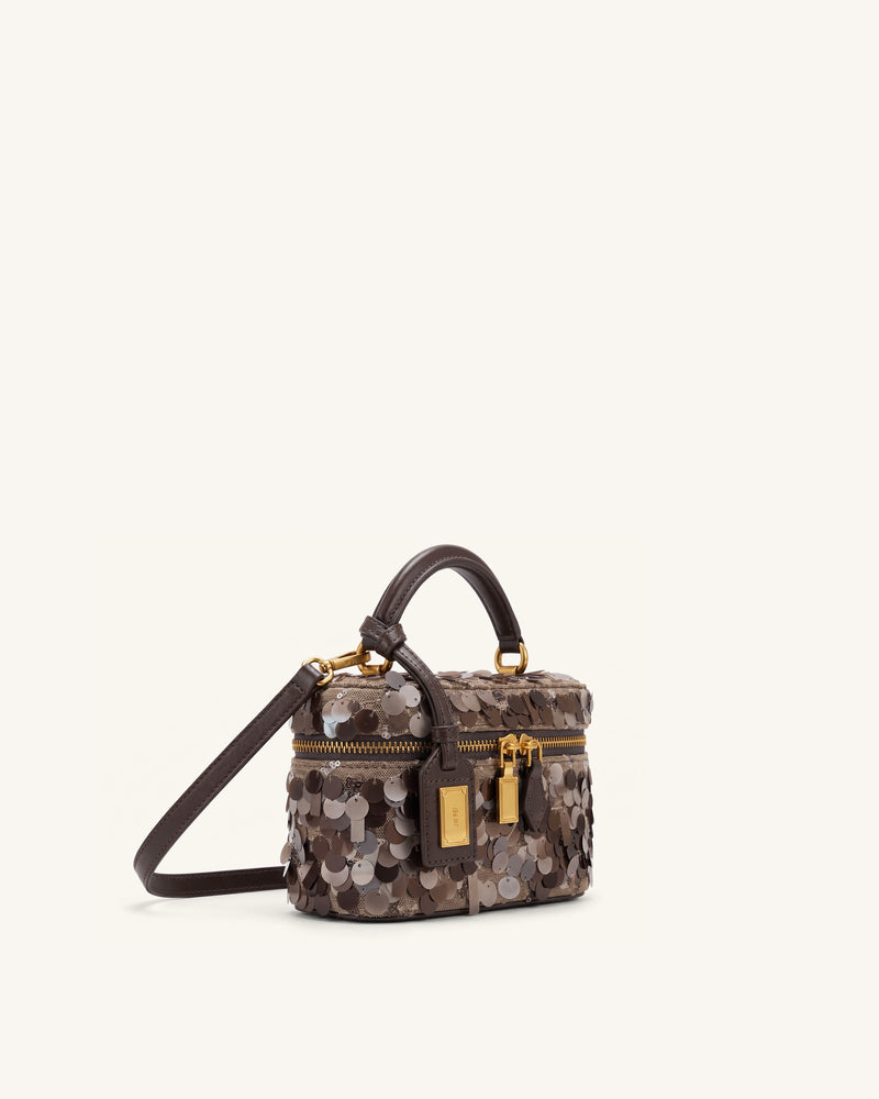 Cleo Metallic Sequin Box Shape Top Handle Bag - Brown