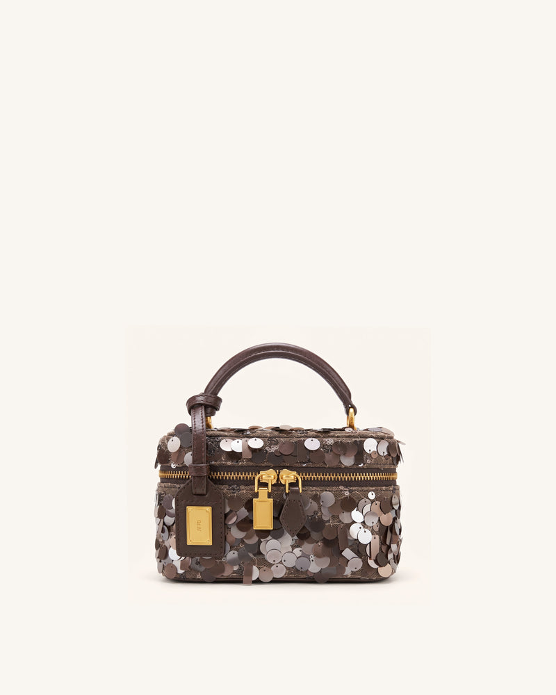 Cleo Metallic Sequin Box Shape Top Handle Bag - Brown