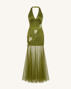 Orchid Embroidered Sheer Hem Halter Maxi Dress - Olive