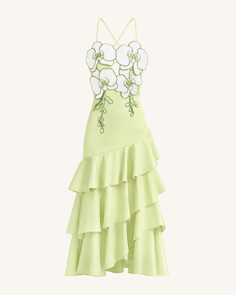 Orchid Embellished Ruffle Midi Dress - Light Green