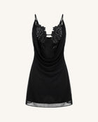 Flower Embroidered Cowl Neck Mini Dress - Black
