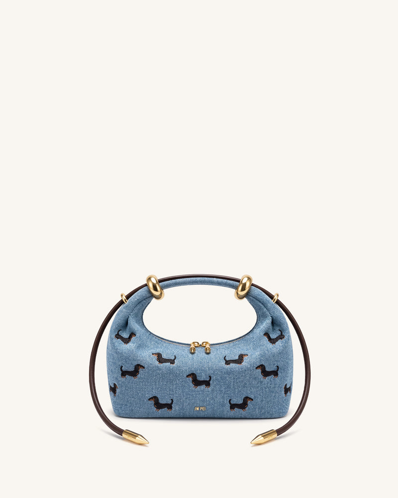 Ellie Embroidery Metal Ring Embellished Top Handle Bag - Vintage Blue Denim